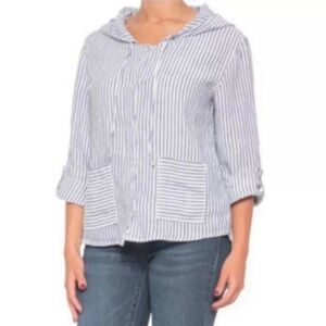 Tahari Blue Stripe Button Front Linen‎ Shirt Hooded M nautical Lagenlook beach